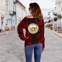 Hawaii Women's Off Shoulder Sweater - Polynesian Tattoo Red - Polynesian Pride