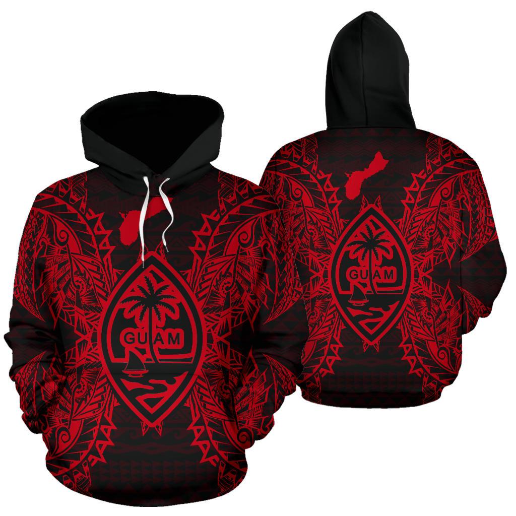 Guam Polynesian ll Over Hoodie Map Red Unisex Red - Polynesian Pride