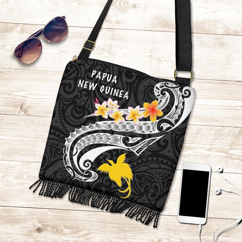 Papua New Guinea Crossbody Boho Handbag - PNG Seal Polynesian Patterns Plumeria (Black) One Style One Size Black - Polynesian Pride