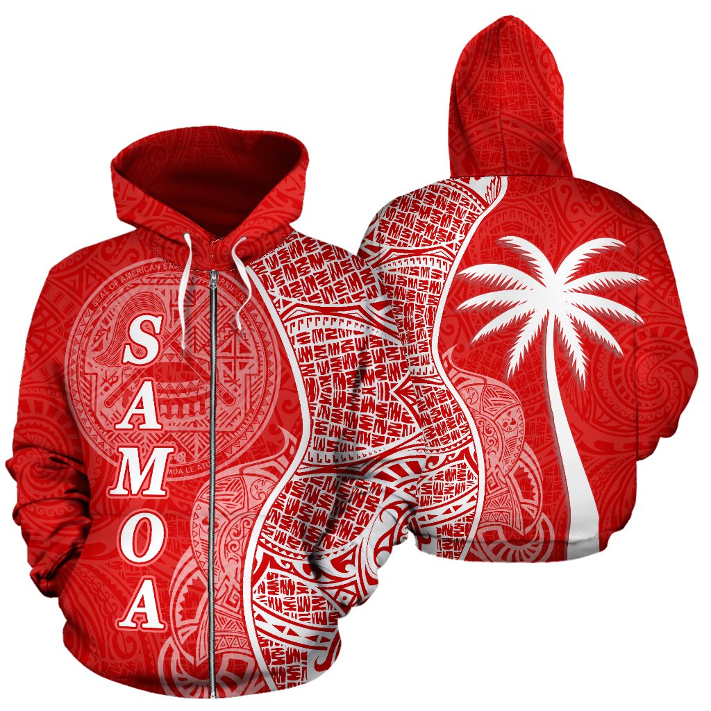 American samoa Polynesian Zip up Hoodie Coconut Tree Red and White Unisex Red - Polynesian Pride