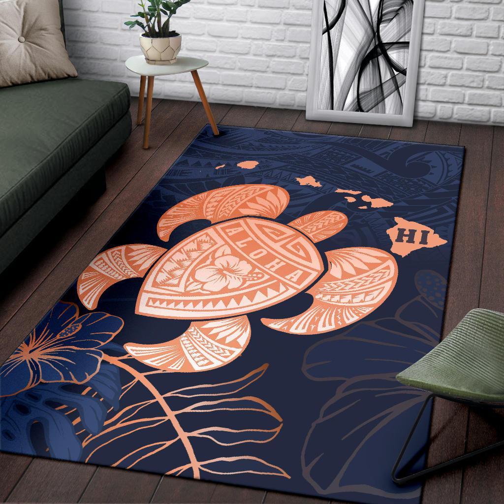 Hawaiian Map Hibiscus Turtle Polynesian Indigo Luxury - Rug - Polynesian Pride