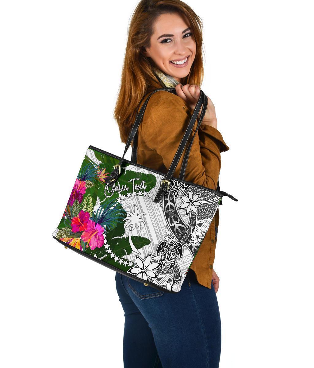 Chuuk Custom Personalised Large Leather Tote White - Turtle Plumeria Banana Leaf - Polynesian Pride