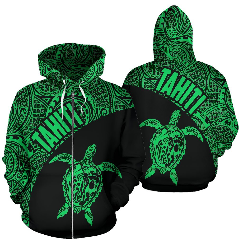 Tahiti Zip up Hoodie Tahiti Turtle Mermaid Polynesian Tattoo Green Version Unisex Black - Polynesian Pride