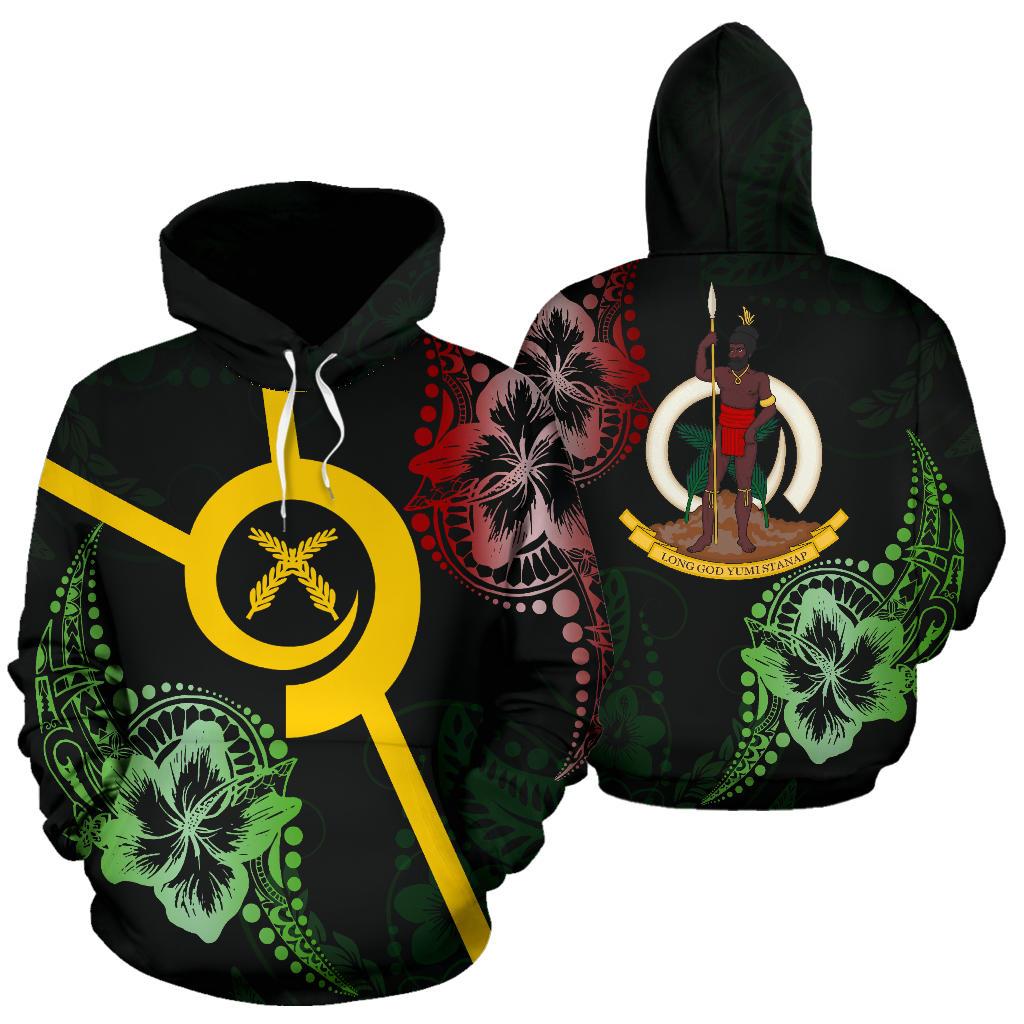 Vanuatu All Over Hoodie Hibiscus Style Unisex Black - Polynesian Pride