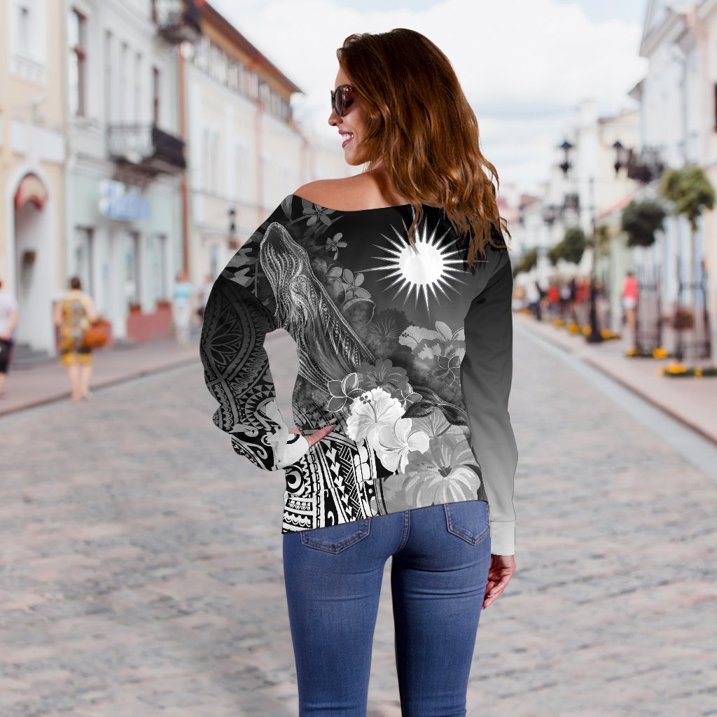 Marshall Islands Custom Personalised Women's Off Shoulder Sweater - Humpback Whale with Tropical Flowers (White) - Polynesian Pride
