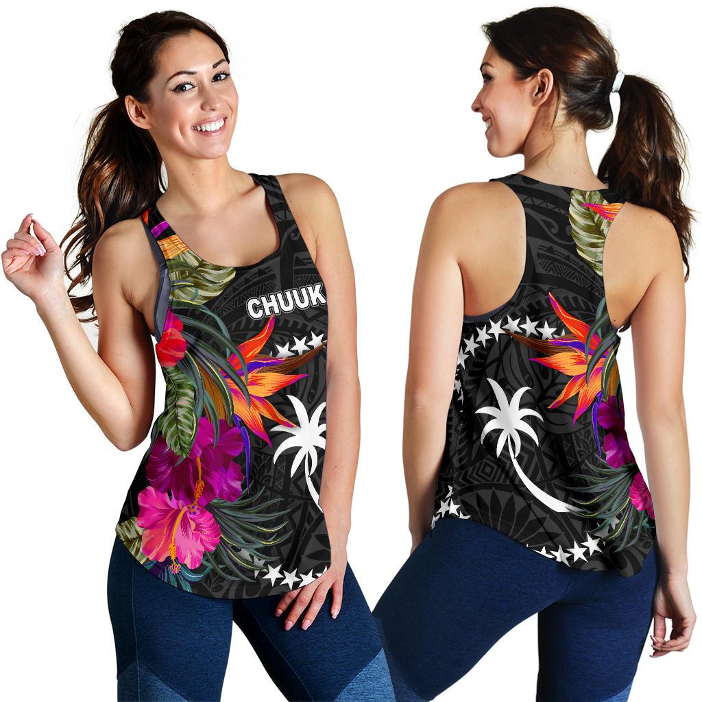 Chuuk Women's Racerback Tank - Polynesian Hibiscus Pattern Black - Polynesian Pride