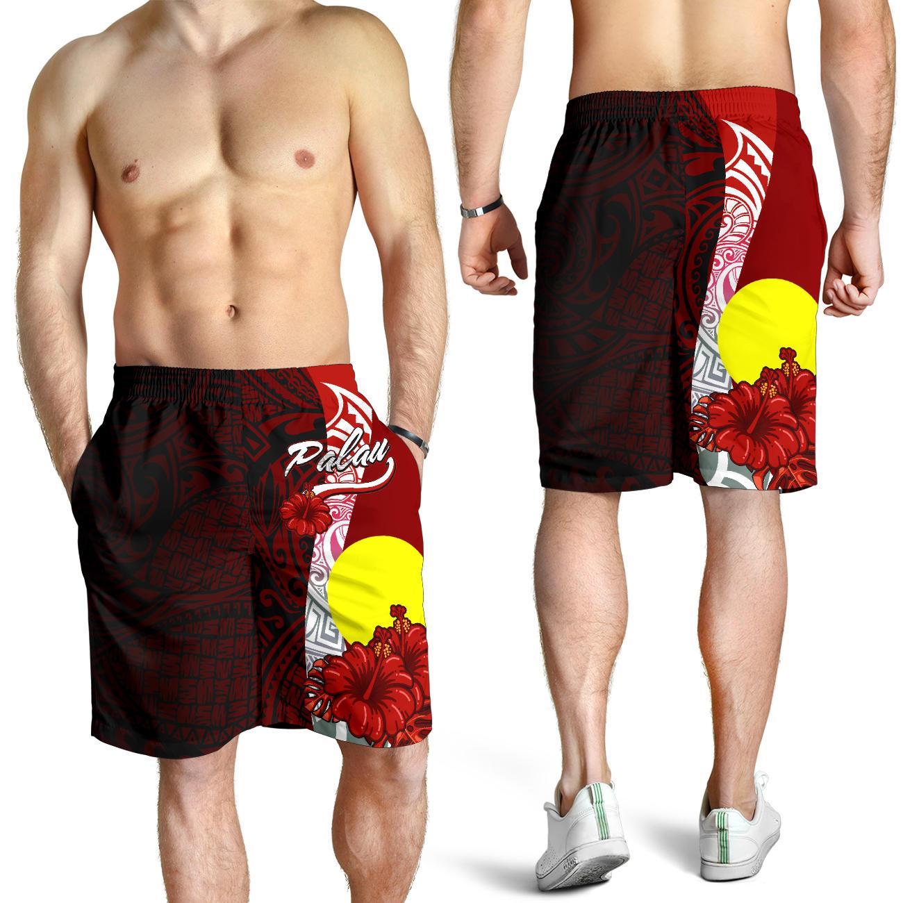 Palau Polynesian Men's Shorts - Coat Of Arm With Hibiscus Red - Polynesian Pride