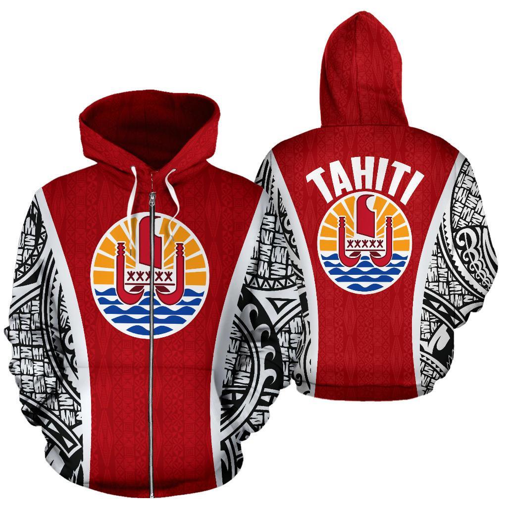 Tahitian Polynesian Zip up Hoodie Tahiti Flag Polynesian Tattoo Unisex White - Polynesian Pride