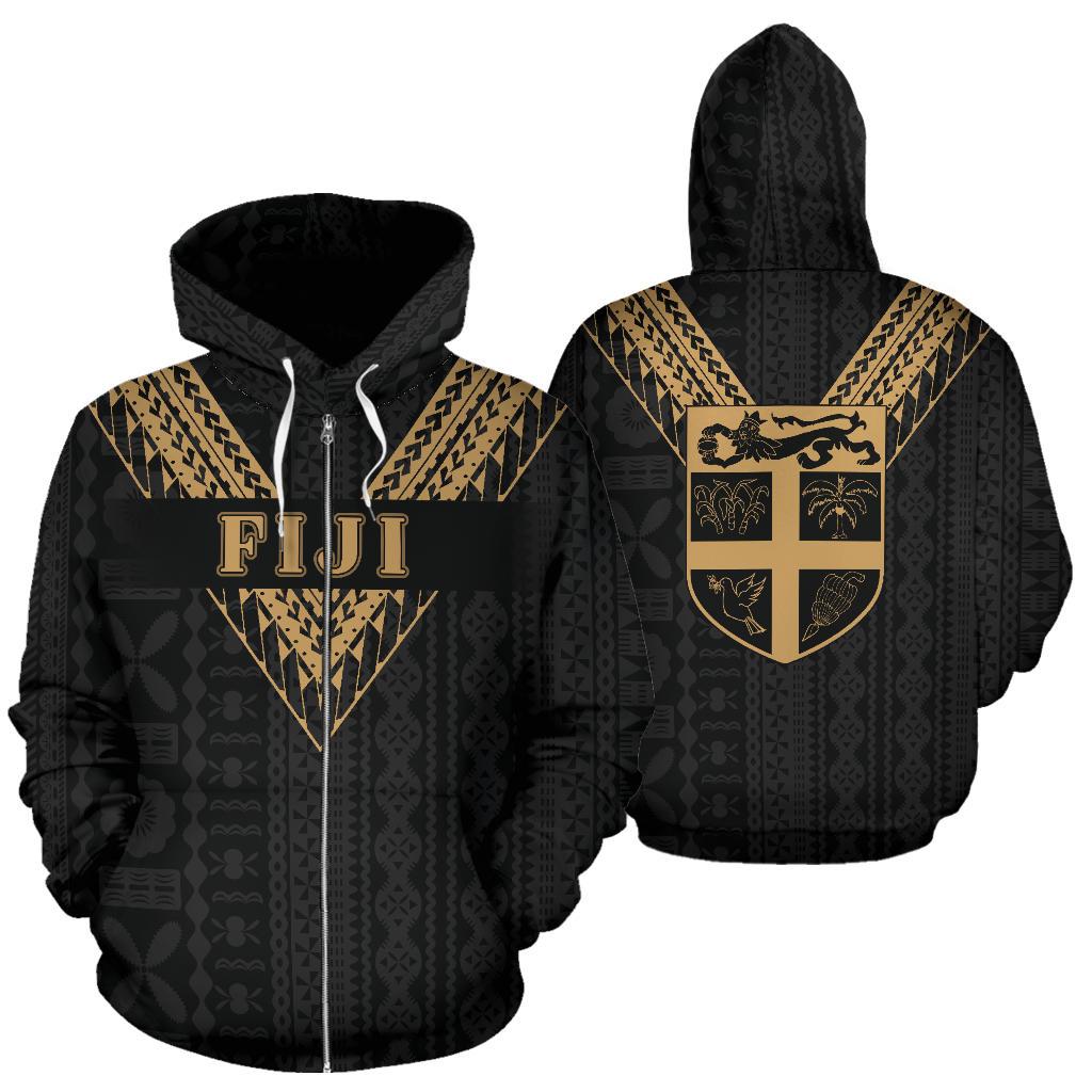 Fiji All Over Zip up Hoodie Gold Sailor Style Unisex Black - Polynesian Pride