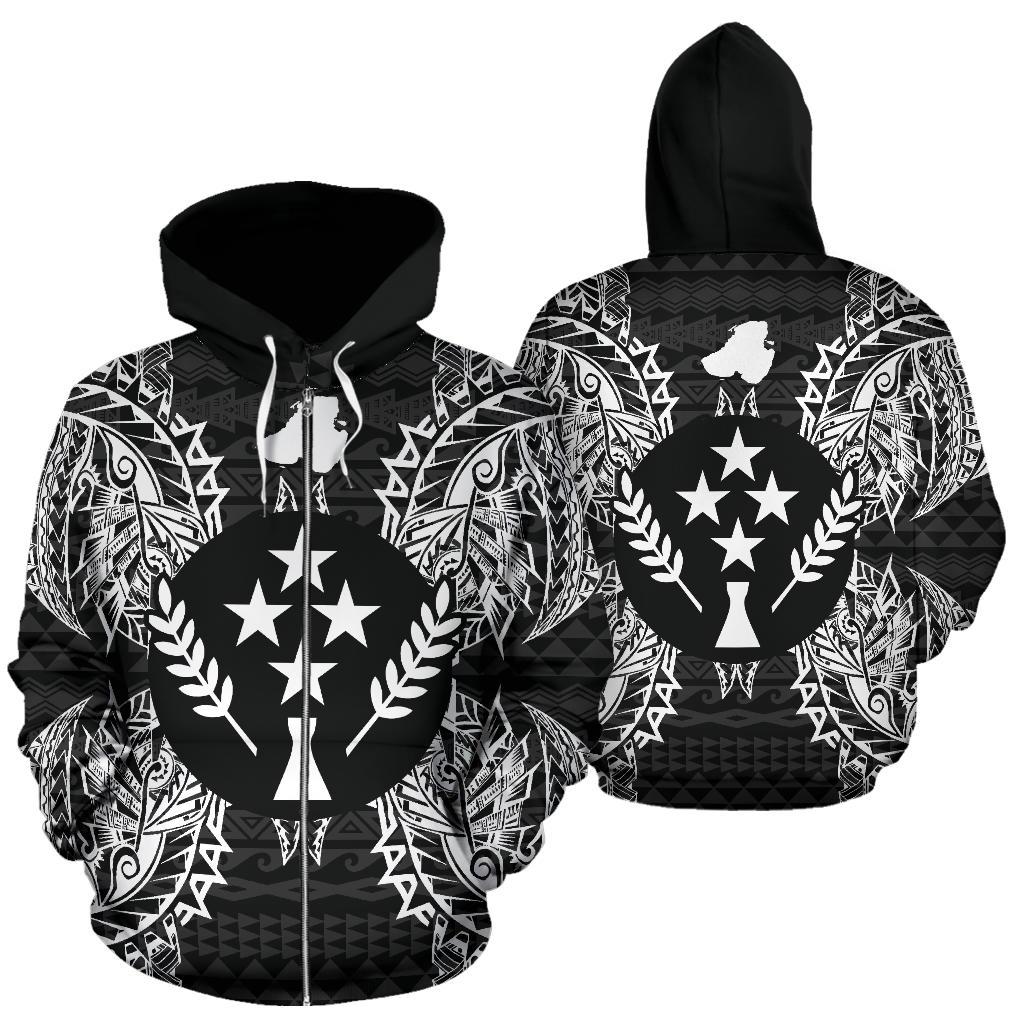 Kosrae Polynesian All Over Zip up Hoodie Map Black Unisex Black - Polynesian Pride