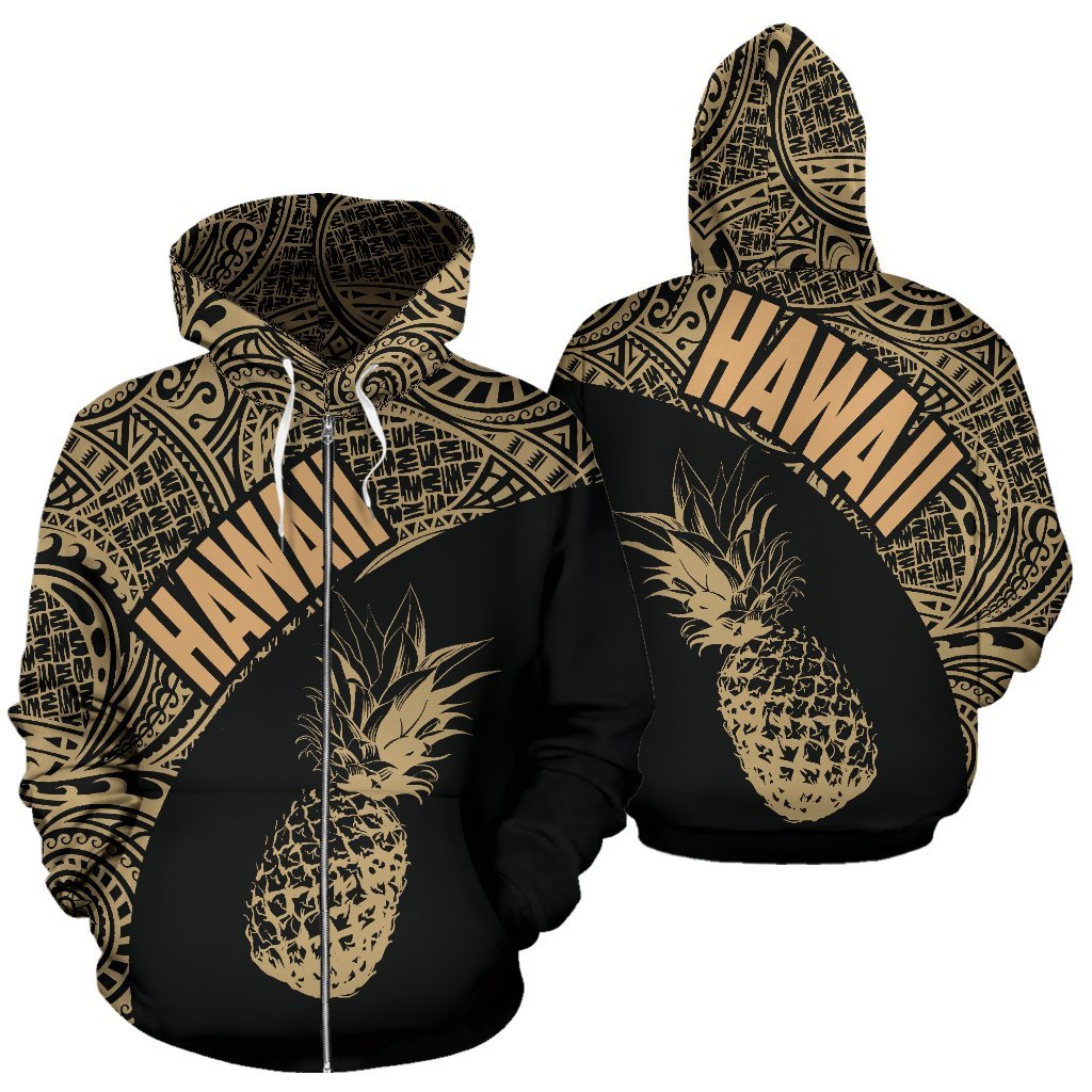 Hawaii Zip up Hoodie Hawaii Pineapple Polynesian Tattoo Black Version Unisex Black - Polynesian Pride