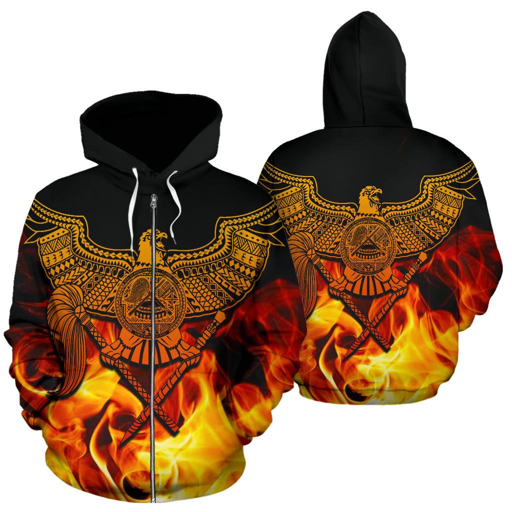 American Samoa Polynesian Zip up Hoodie Eagle Fire Unisex Black - Polynesian Pride