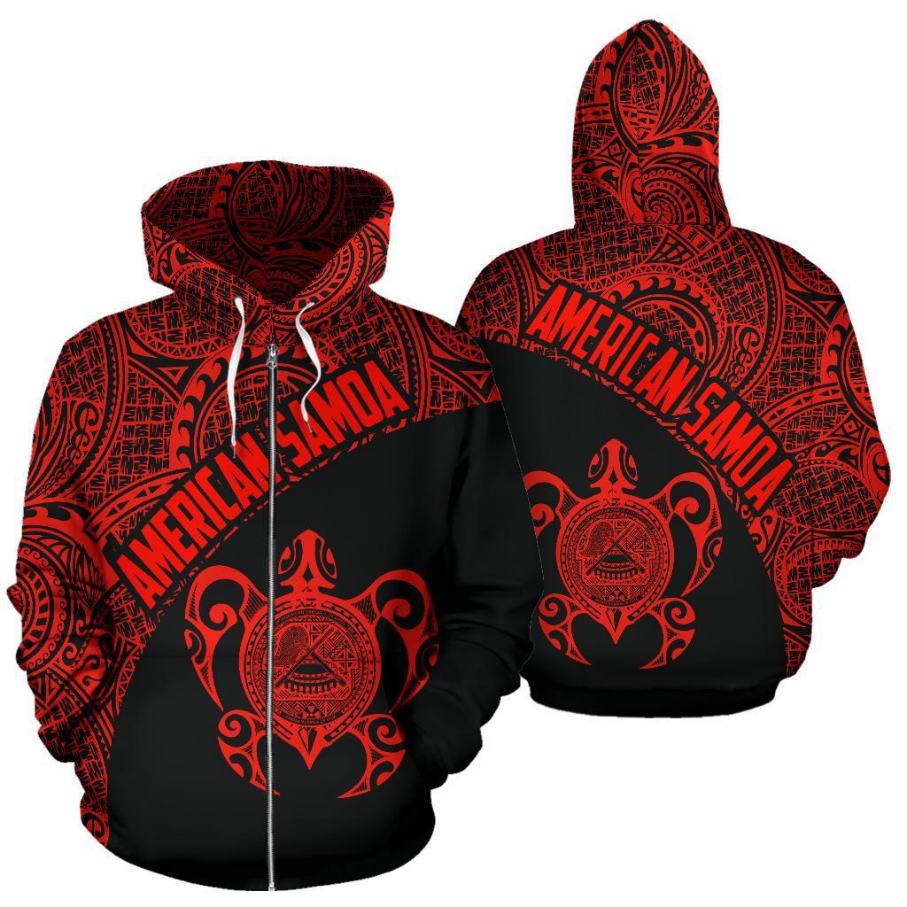 American Samoa Zip up Hoodie American Samoa Seal In Turtle Polynesian Tattoo Red Unisex Red - Polynesian Pride