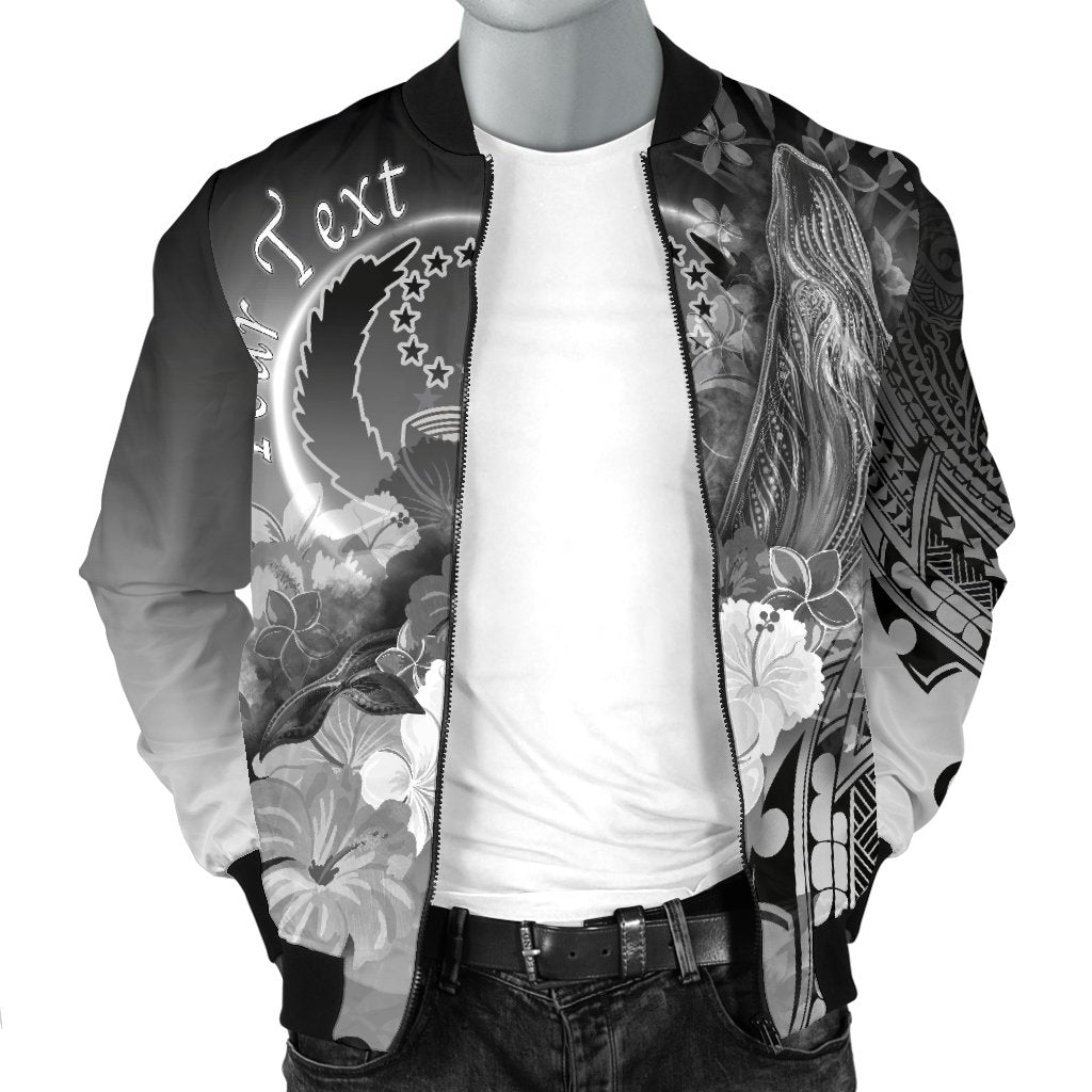 Pohnpei Custom Personalised Men's Bomber Jacket - Humpback Whale with Tropical Flowers (White) - Polynesian Pride