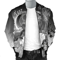 Pohnpei Custom Personalised Men's Bomber Jacket - Humpback Whale with Tropical Flowers (White) - Polynesian Pride