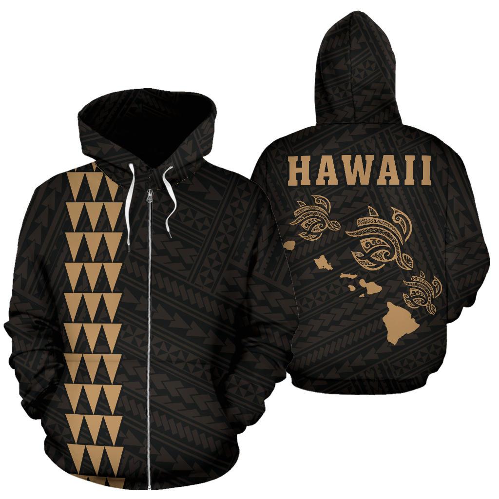 Polynesian Kakau Three Turtle Map of Hawaii Zip Hoodie Gold Unisex Gold - Polynesian Pride