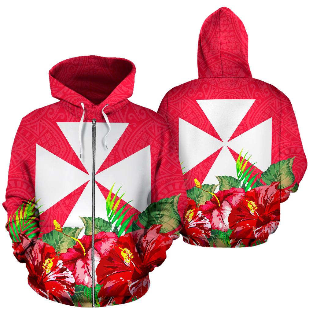 Wallis and Futuna Polynesian Zip Hoodie Flag Hibiscus Unisex Red - Polynesian Pride