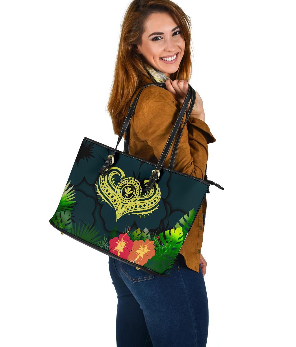 Polynesian Hawaii Kanaka Maoli Leather Tote Bag - Heart with Hibiscus - Polynesian Pride