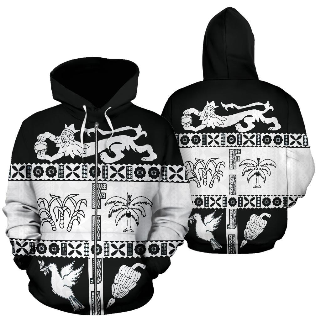 Fiji Tapa Zip Hoodie Coat of Arms Shield White - Polynesian Pride