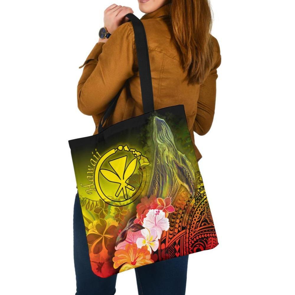 Polynesian Hawaii Tote Bags - Kanaka Maoli Humpback Whale with Tropical Flowers (Yellow) Tote Bag One Size Yellow - Polynesian Pride