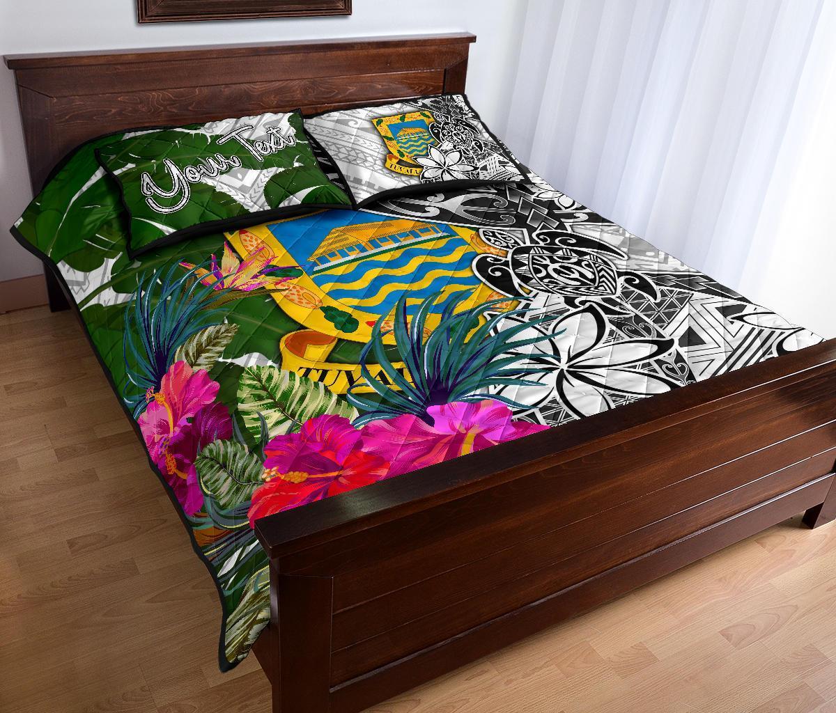 Tuvalu Custom Personalised Quilt Bet Set White - Turtle Plumeria Banana Leaf - Polynesian Pride
