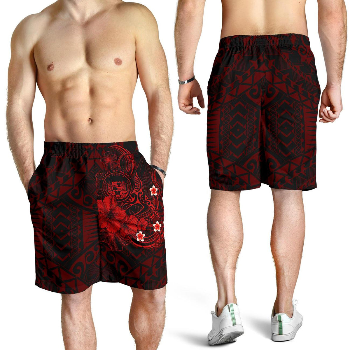 Polynesian Hawaii Men's Shorts - Humpback Whale with Hibiscus (Red) - Polynesian Pride
