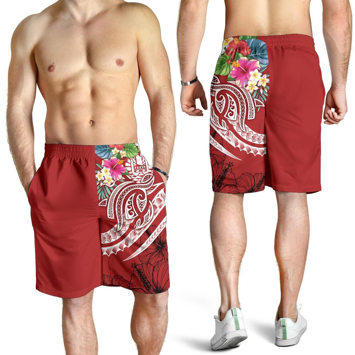 Tahiti Polynesian Men's Shorts - Summer Plumeria (Red) - Polynesian Pride