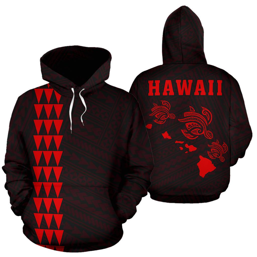 Polynesian Kakau Three Turtle Map of Hawaii Hoodie Red Unisex Red - Polynesian Pride