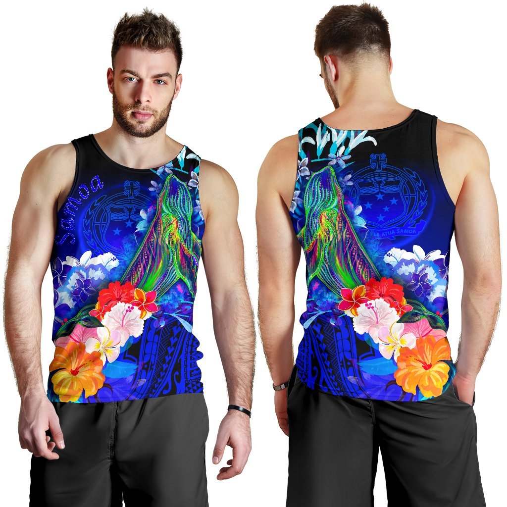 Samoa Men's Tank Top - Humpback Whale with Tropical Flowers (Blue) - Polynesian Pride
