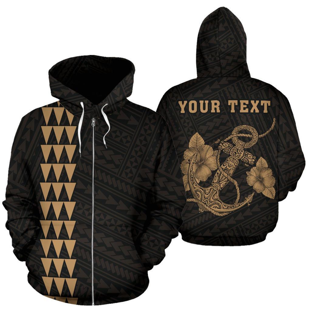 Polynesian Kakau Anchor Hibiscus Hawaii Custom Zip Hoodie Gold Gold - Polynesian Pride