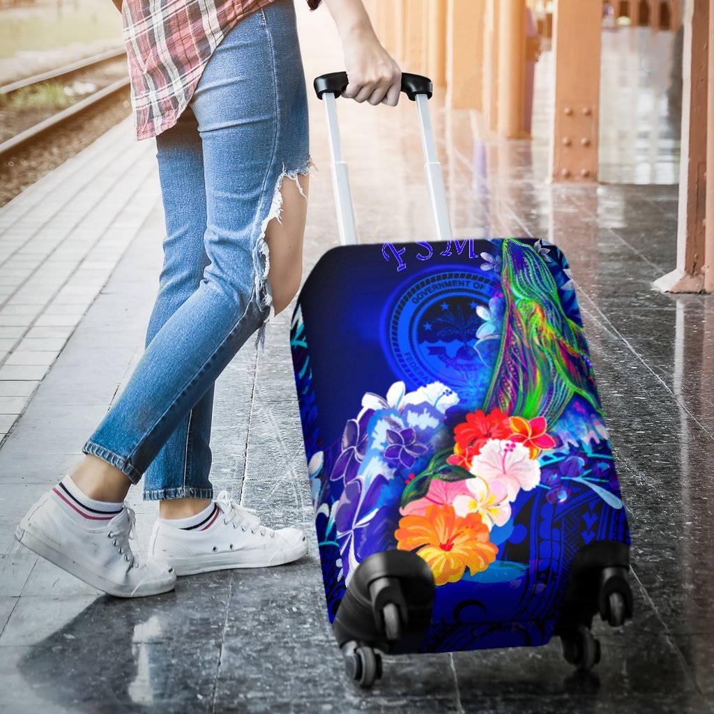 Federated States of Micronesia Luggage Covers - Humpback Whale with Tropical Flowers (Blue) Blue - Polynesian Pride