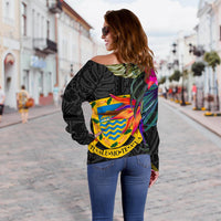 Tuvalu Women's Off Shoulder Sweater - Hibiscus Polynesian Pattern - Polynesian Pride