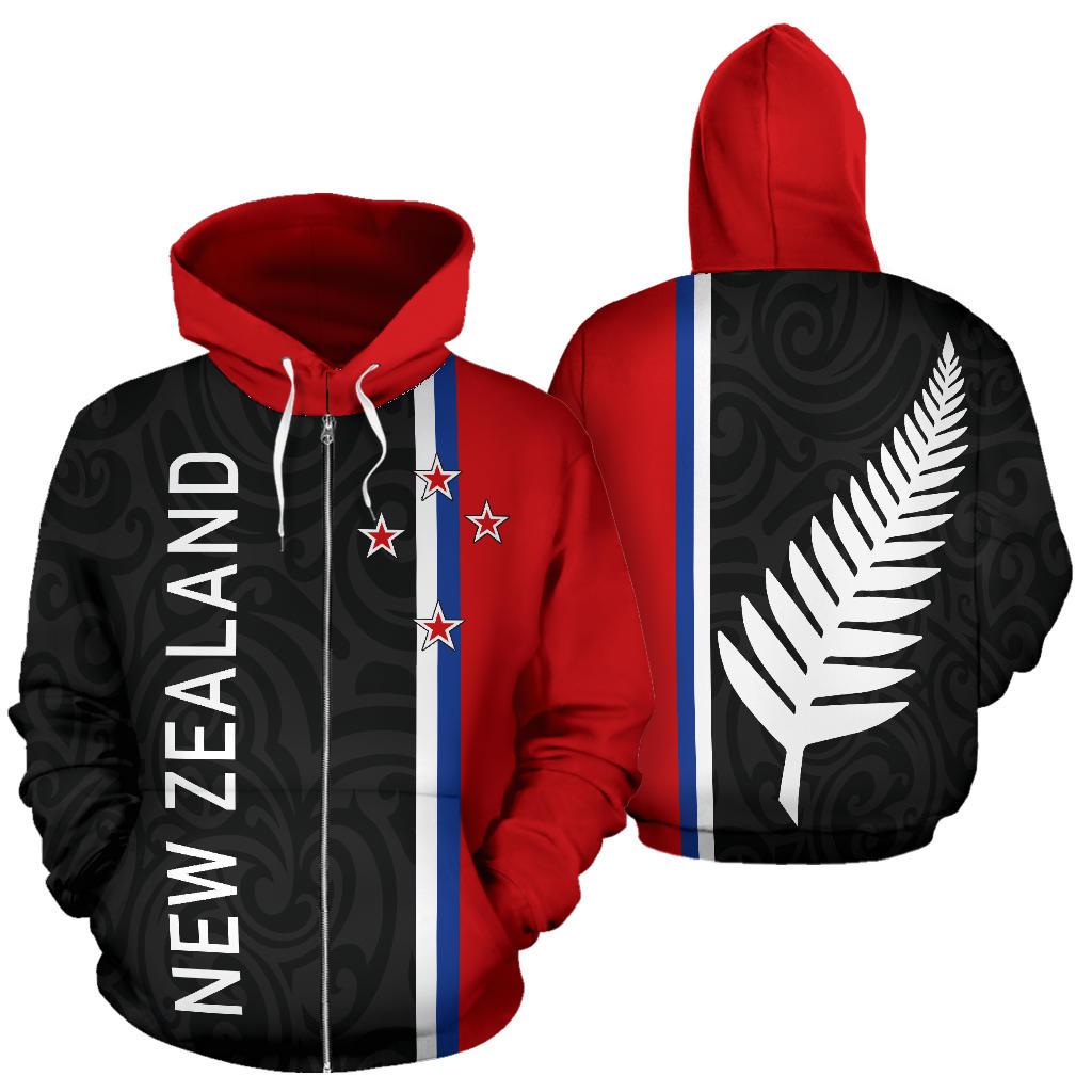 New Zealand All Over Zip up Hoodie Straight Version Unisex Black - Polynesian Pride