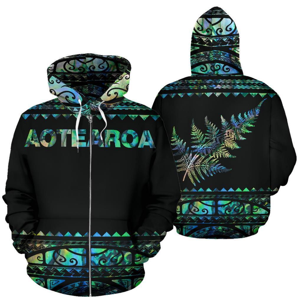 New Zealand Maori Zip up Hoodie, Aotearoa Silver Fern Zipper Hoodie Paua Shell Unisex Black - Polynesian Pride