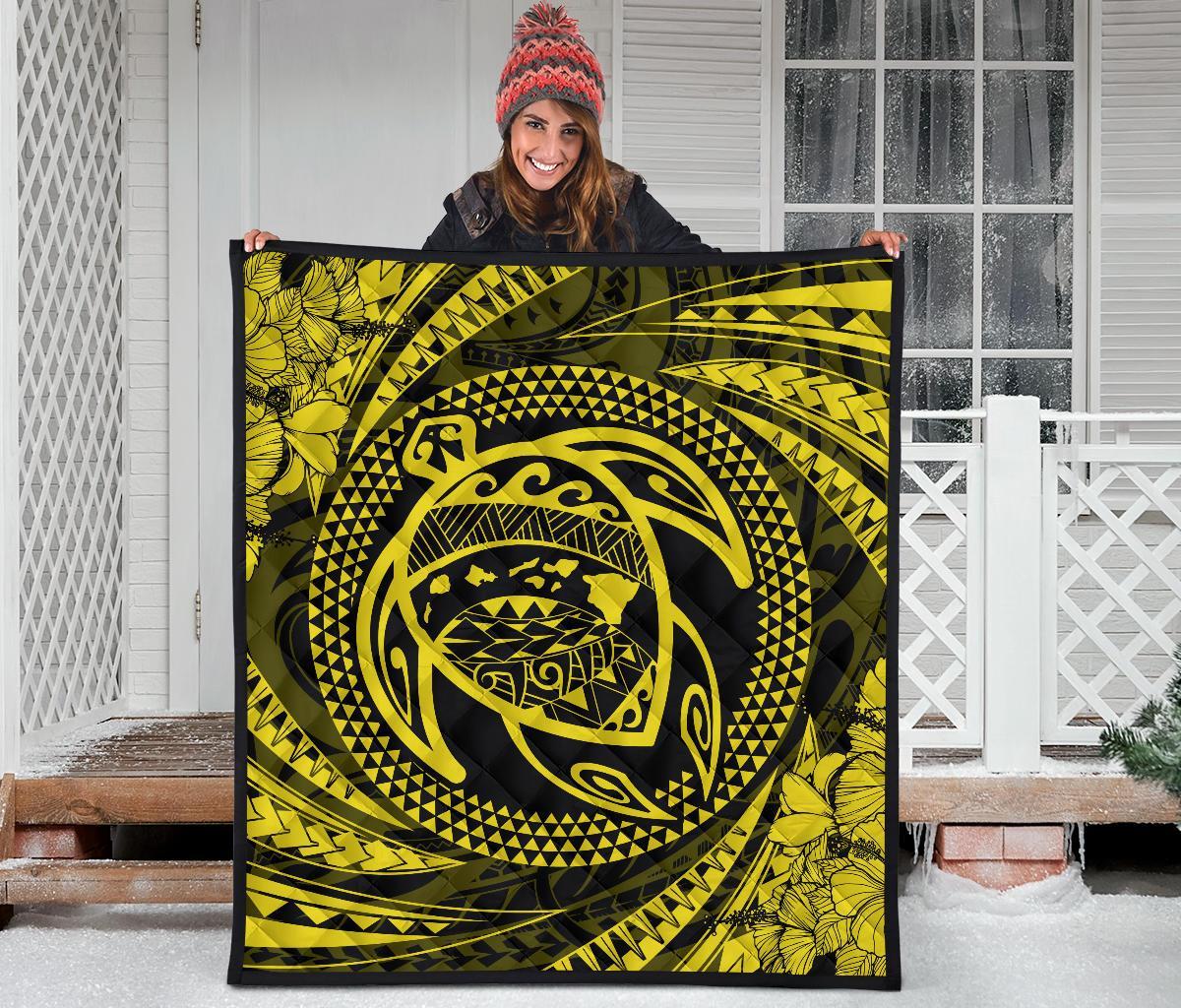 Hawaiian Kanaka Honu Hibiscus Tornando Yellow Polynesian Premium Quilt - Polynesian Pride