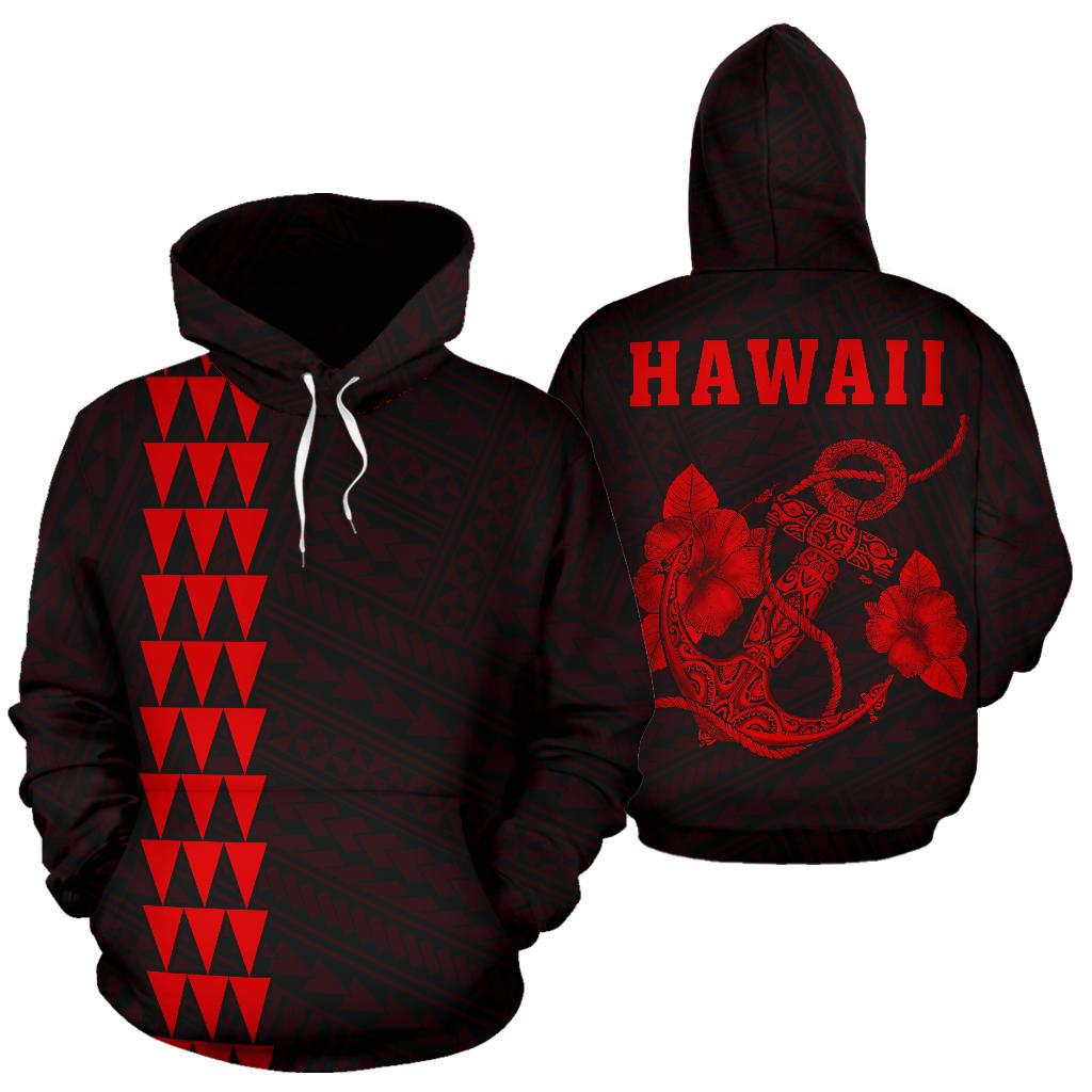 Polynesian Kakau Anchor Hibiscus Hawaii Hoodie Red Unisex Red - Polynesian Pride