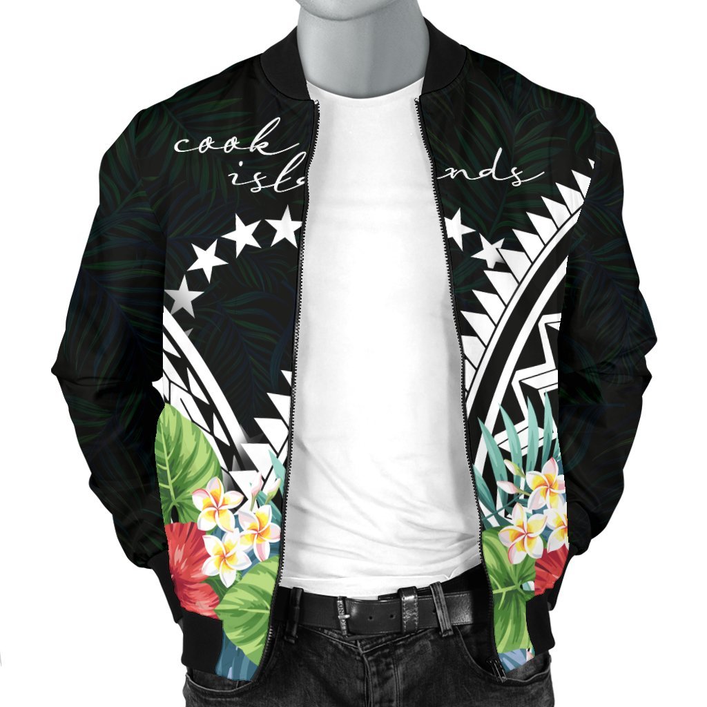 Cook Islands Men's Bomber Jacket - Cook Islands Coat of Arms & Polynesian Tropical Flowers White - Polynesian Pride