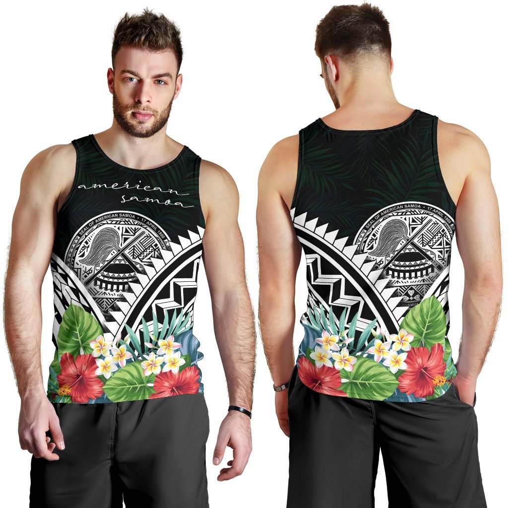 American Samoa Men's Tank Top - American Samoa Coat of Arms & Polynesian Tropical Flowers White - Polynesian Pride