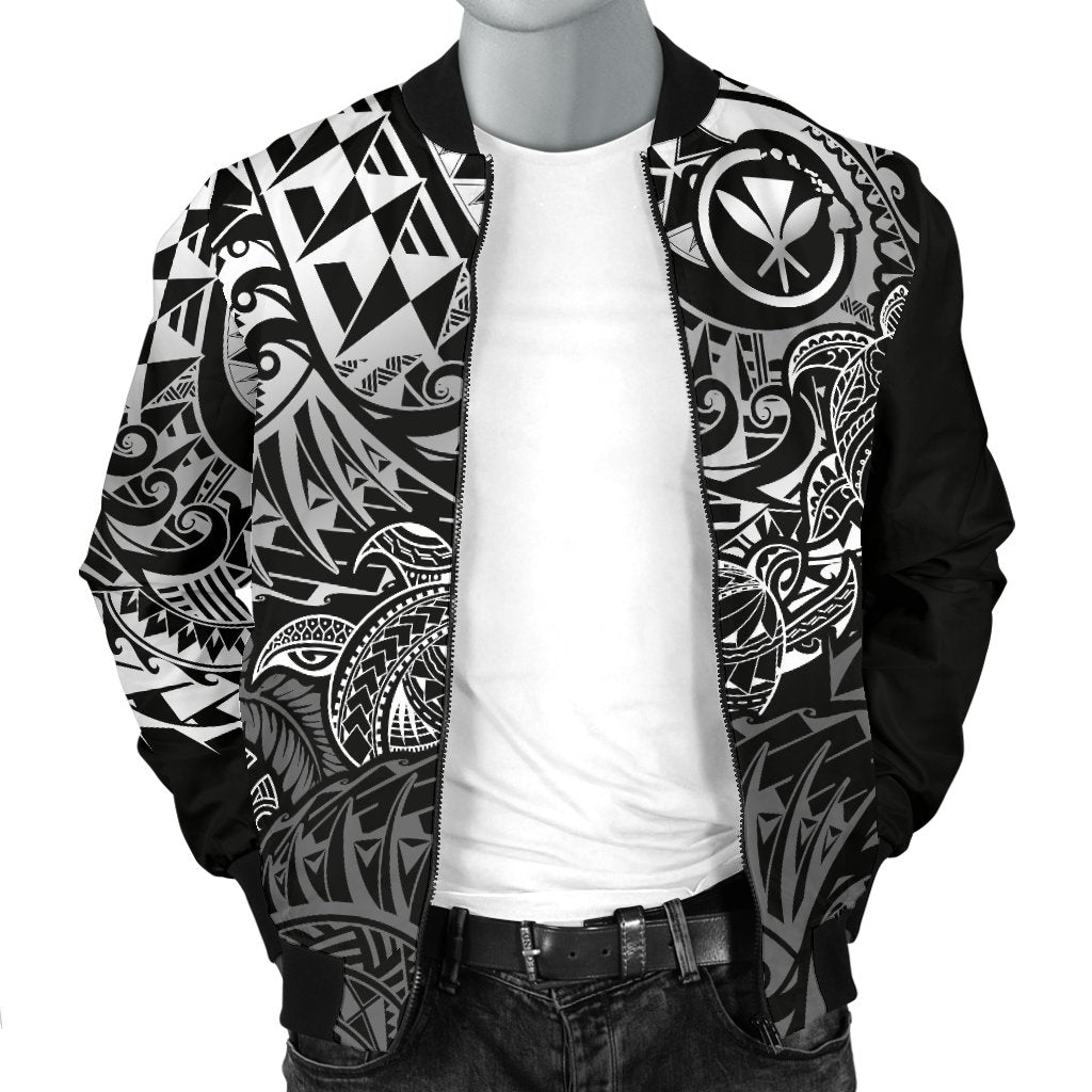Polynesian Hawaii (Kanaka Maoli) Men Bomber Jacket - White Hibiscus Turtle Flowing - Polynesian Pride