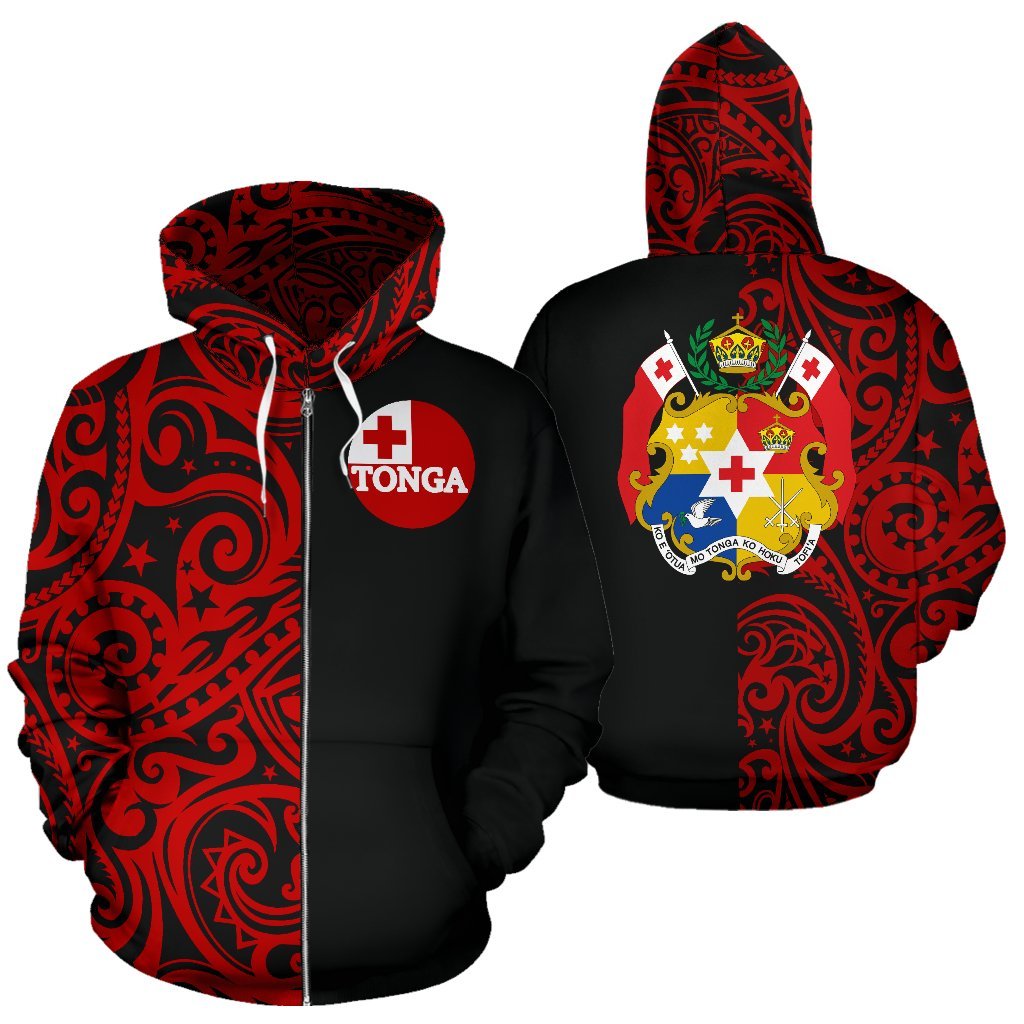 Tonga Hoodie Tonga Flag Coat of Arms Polynesian Tattoo Half Unisex Black - Polynesian Pride