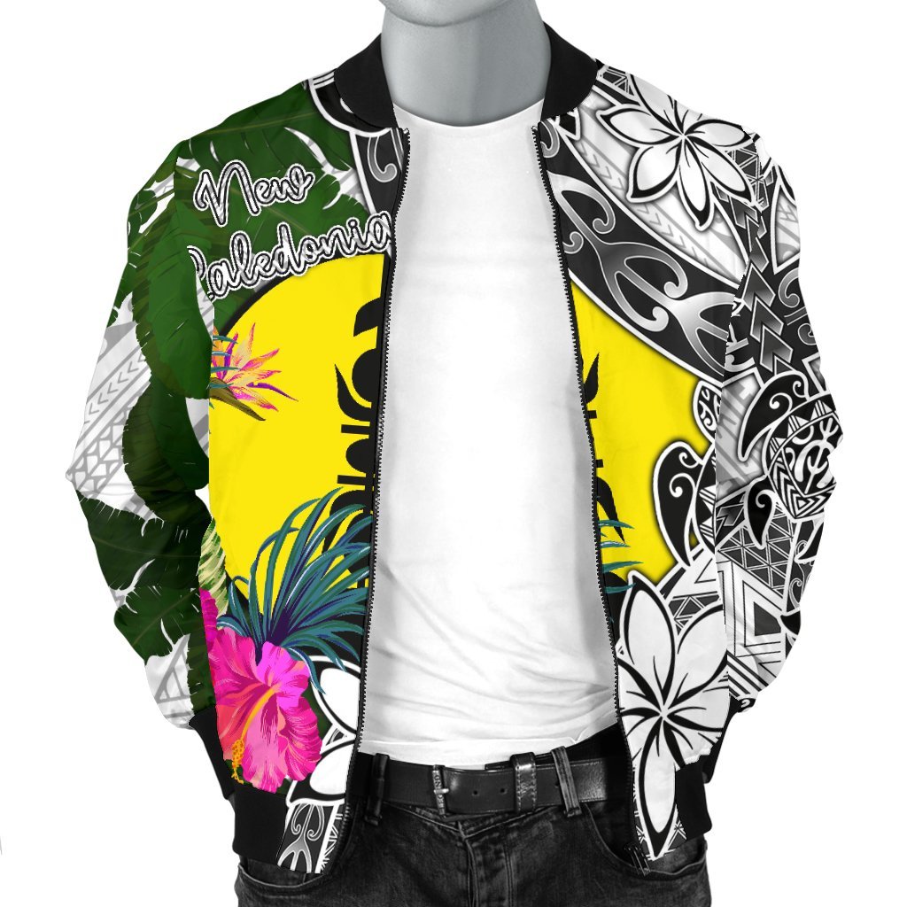 New Caledonia Men's Bomber Jacket White - Turtle Plumeria Banana Leaf - Polynesian Pride