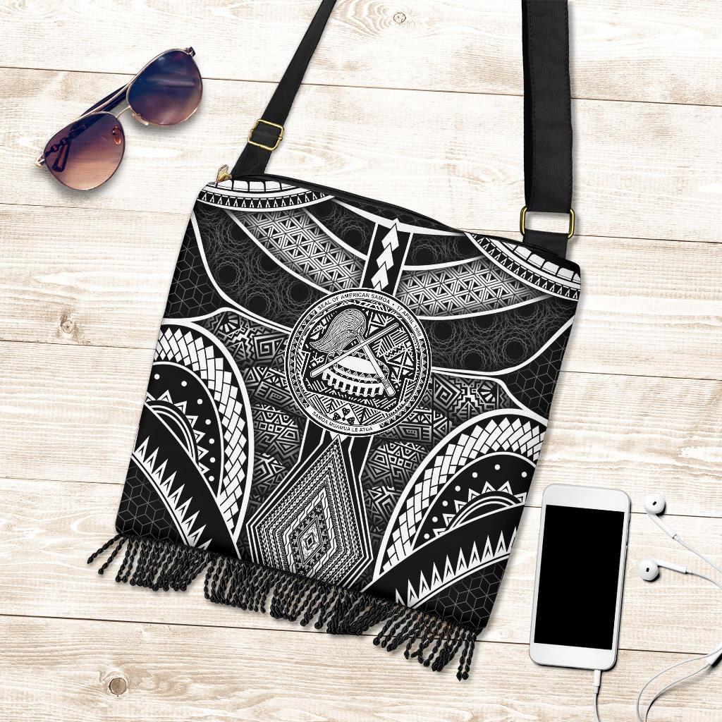 Polynesian Boho Handbags - American Samoa Coat Of Arm With Poly Patterns One Style One Size Black - Polynesian Pride