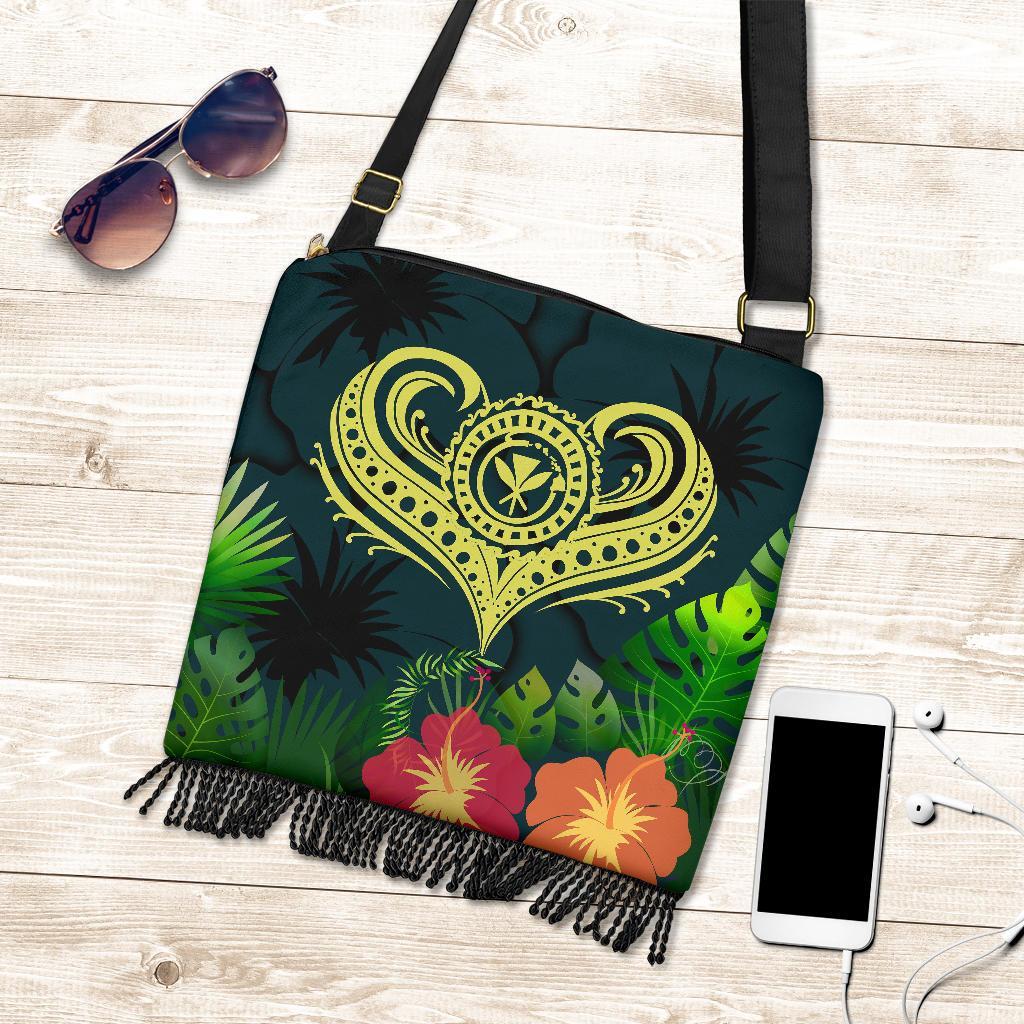 Polynesian Hawaii Kanaka Maoli Boho Handbag - Heart with Hibiscus One Style One Size Green - Polynesian Pride