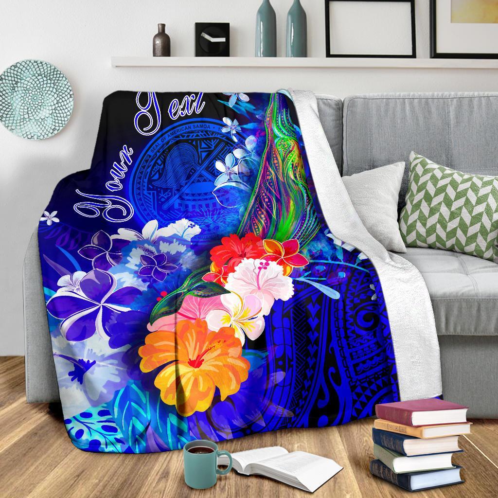 American Samoa Polynesian Custom Personalised Premium Blanket - Humpback Whale with Tropical Flowers - Polynesian Pride