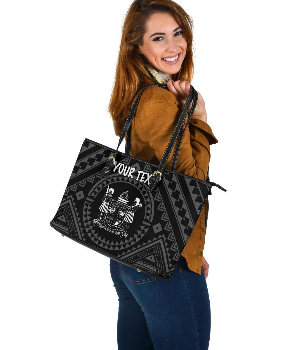 Fiji Personalised Leather Tote Bag - Fiji Seal With Polynesian Tattoo Style ( Black) - Polynesian Pride