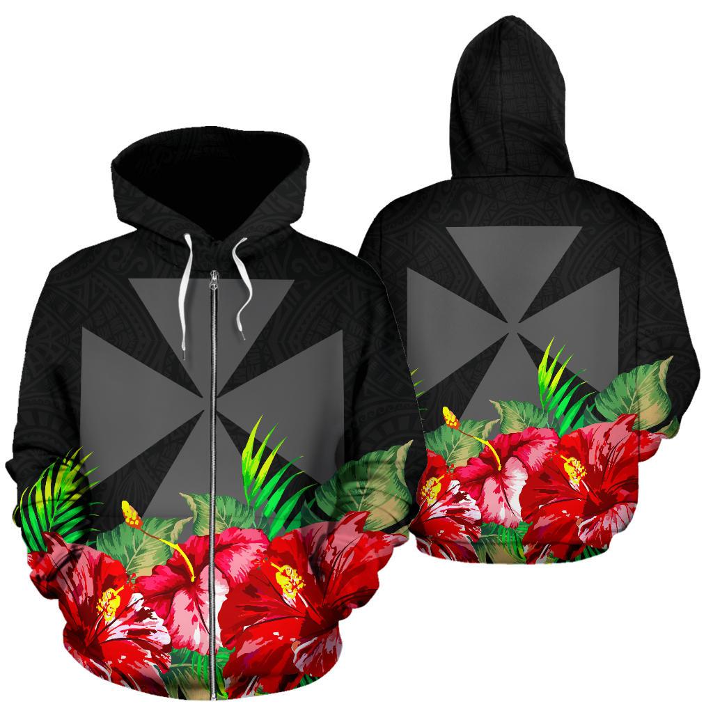 Wallis and Futuna Polynesian Zip Hoodie Black Hibiscus Unisex Black - Polynesian Pride