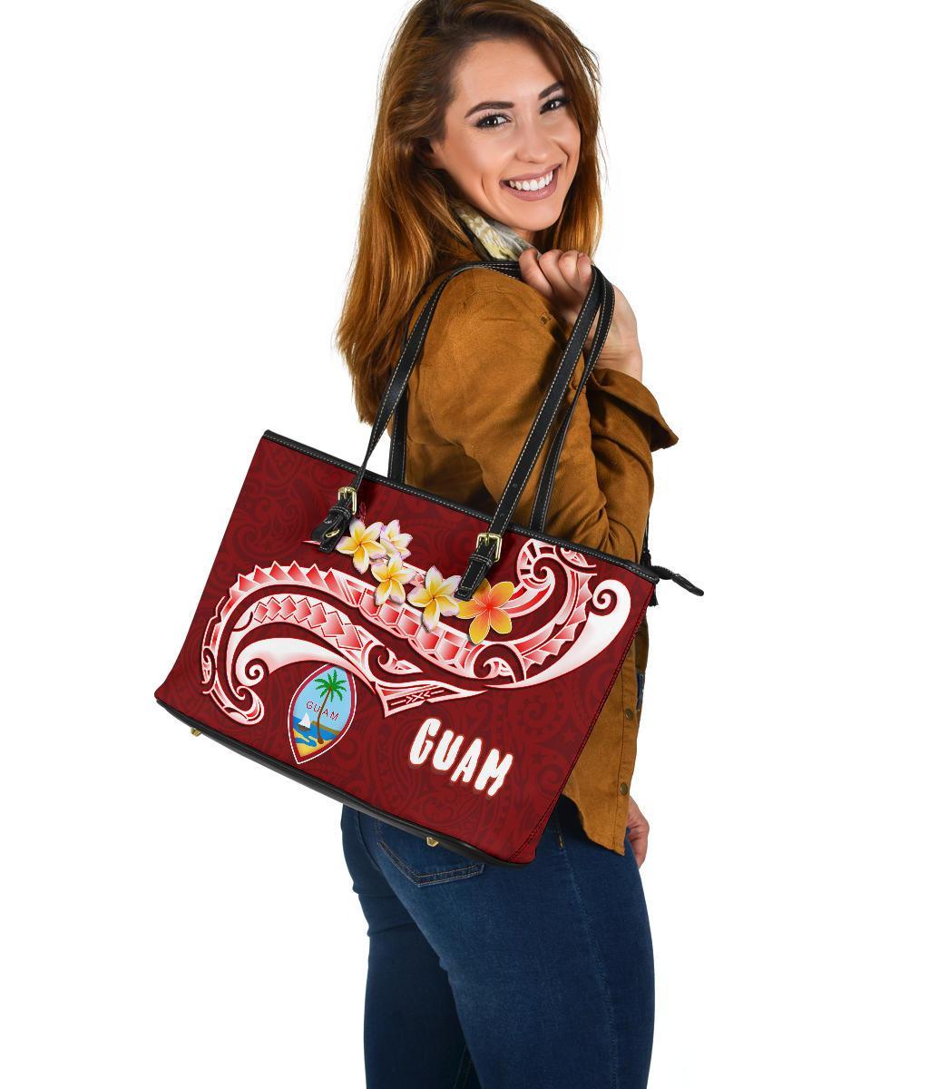 Guam Large Leather Tote Bag - Guam Seal Polynesian Patterns Plumeria (Red) - Polynesian Pride
