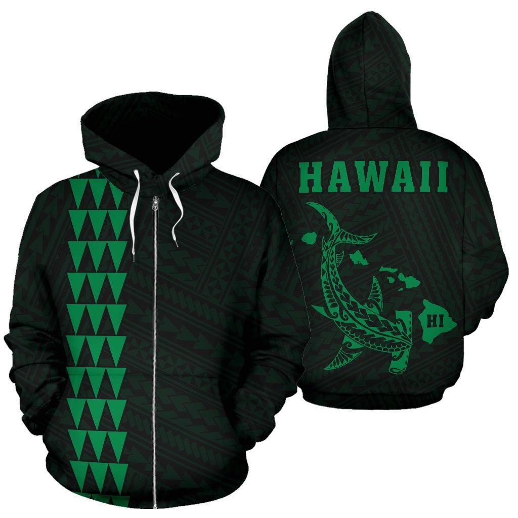 Polynesian Kakau Hammerhead Shark Map of Hawaii Zip Hoodie Green Unisex Green - Polynesian Pride