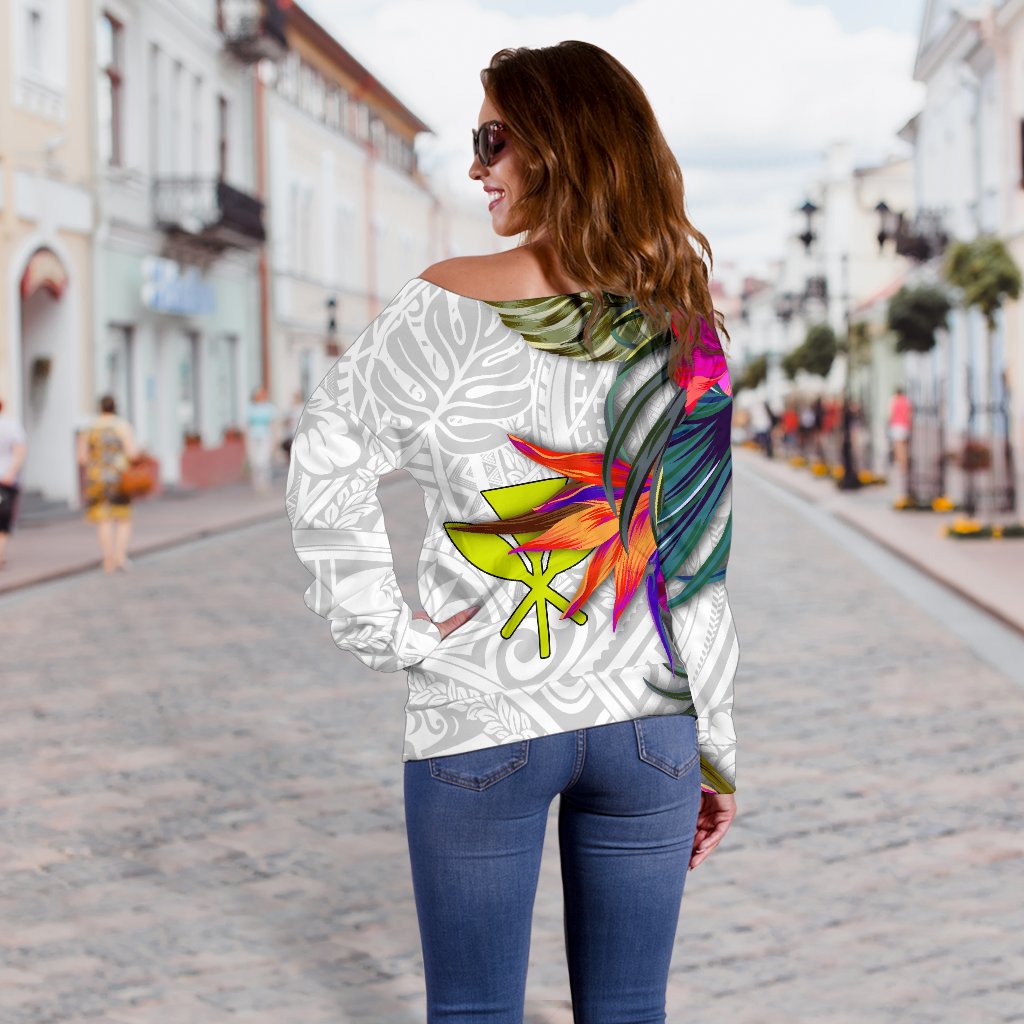 Hawaii Women's Off Shoulder Sweater Polynesian Hibiscus White Pattern - Polynesian Pride
