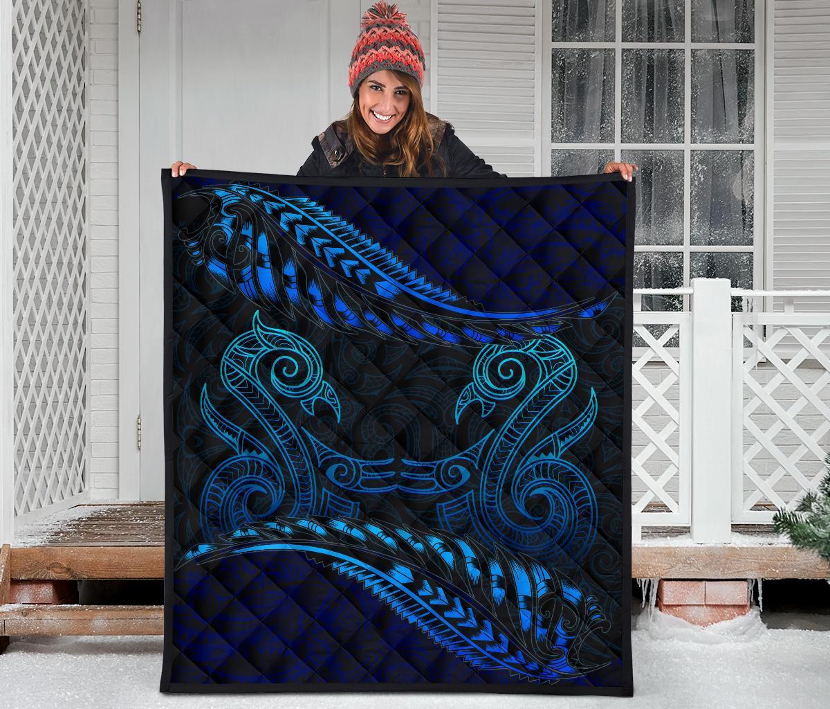Aotearoa Premium Quilt Blue Maori Manaia With Silver Fern - Polynesian Pride